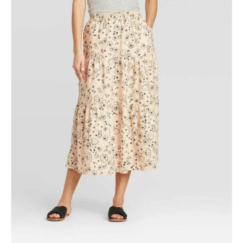 Universal‎ Thread Womens Tiered Midi Skirt M Peasant Boho Cream Elastic Waist